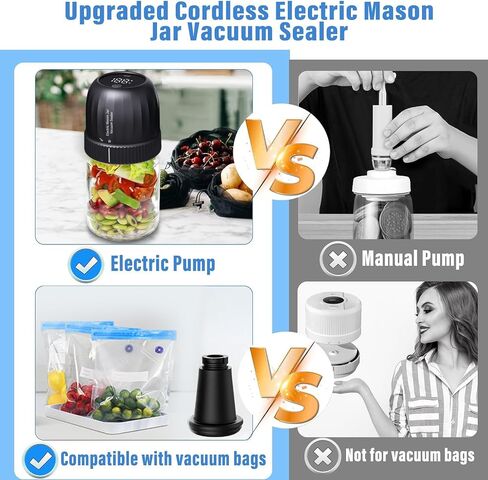 Electric Mason Jar Vacuum Sealer, 3-in-1 Mason Jar Vacuum Sealer Kit for Wide & Regular Mouth Mason Jars Vacuum Bags, Strong Suction Cordless Canning Vacuum Sealer for Food Saver Storage,Black in Saudi Arabia