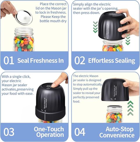 Electric Mason Jar Vacuum Sealer, 3-in-1 Mason Jar Vacuum Sealer Kit for Wide & Regular Mouth Mason Jars Vacuum Bags, Strong Suction Cordless Canning Vacuum Sealer for Food Saver Storage,Black in Saudi Arabia