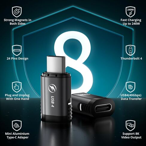2 حزمة USB C محول مغناطيسي 240 واط، 24 دبوس 90 درجة محول USB C مغناطيسي مع PD شحن سريع USB4 40 جيجابت في الثانية 8K 60 هرتز فيديو متوافق مع Thunderbolt 3/4، MacBook Pro/Air/، PS5 PSVR2 in Saudi Arabia