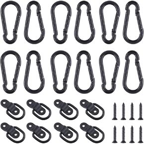 Glarks 48Pcs 1/4" Black Heavy Duty Carabiner Clip Spring Snap Hook with D-Ring Tie Down Anchor 1200 Lbs Capacity Kit for Camping Hiking Swing Boating Loading (Black)