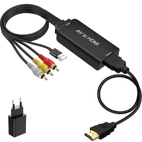 AV to HDMI Converter, 1080P Composite CVBS AV to HDMI Video Audio Converter Wii HDMI Adapter with HDMI Cable for PS2 Box SNES N64 VHS VCR Video Recorder DVD, Supports PAL/NTSC