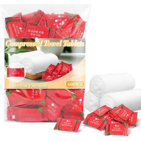 Compressed Towel Tablets 40 PCS Travel Towel Disposable Face Towels for Travel Camping Towel Disposable Washcloths for Adults Hiking Gear Individual Packaging Face Remove Makeup Wipes