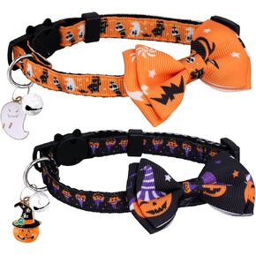 2pcs Halloween Cat Collar, Adjustable Cat Collar Bow Tie Breakaway Ghost Pumpkin Pattern Kitty Collar with Bell Decoration Accessories for Puppy Kitten