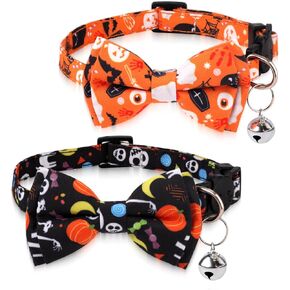 2pcs Halloween Cat Collars, Adjustable Cotton Fabric Halloween Cat Collar with Bell Cute Soft Comfortable Kitten Collar with Bow (Black+Skull, Orange+Pumpkin)