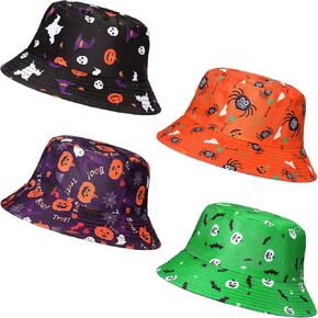 Blosssound 4 pcs Halloween Bucket Hat for Women Men Funny Fishing Hat Beach Cute Fisherman Cap Holiday Party Outdoor