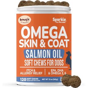 Omega 3 for Dogs - Skin & Coat Soft Chews for Dogs - Salmon Oil, EPA & DHA Fatty Acids - Itch Relief, Hot Spots, Shedding, Allergies & Hot Spot Relief - 120 Soft Chews, Made in USA in Kuwait