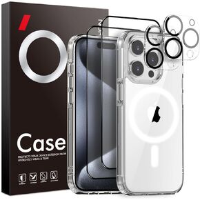 5 in1 Magnetic for iPhone 15 Case Clear,with 2X Tempered Glass Screen Protector and 2X Camera Lens Protector Cover [Compatible with MagSafe]