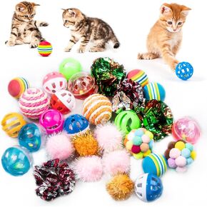 VAPKER 30Pcs Cat Ball Toys Cat Kitten Chew Toys Balls with Bell Cat Crinkle Ball,Rainbow Ball,Sparkle Ball, Bell Balls, Sisal Ball,Pom Pom Ball for Indoor Cats