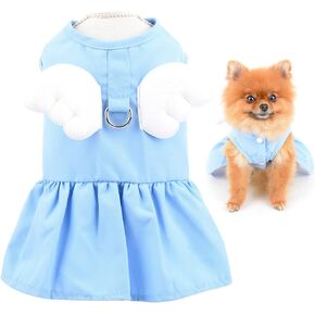 SMALLLEE_LUCKY_STORE طقم فستان وحزام للكلاب من Angel Wing للفتيات مع زمام للقطط مع تنورة على شكل حرف D للجرو، ملابس الربيع والصيف للحيوانات الأليفة الصغيرة، Yorkie Chihuahua، أزرق، مقاس S