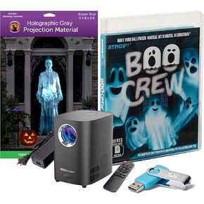 HoliScapes® USB Projector Kit - AtmosFX Boo Crew USB + Projector + 5.5' x 9' Large Gray Holographic Screen for Halloween Projection