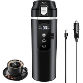 DC 12V/24V Car Travel Electric Kettle, 400ml Car Heating Mug with Anti-Spill Lid, Leak-proof, 304 Stainless Steel Liner Portable Coffee Tea Cup Up to 100℃ Variable Temp Control Bottle