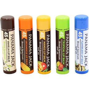 Panama Jack Sunscreen Lip Balm - SPF 45, Flavor Pack, Broad Spectrum UVA-UVB Sunscreen Protection, Prevents & Soothes Dry, Chapped Lips (Dreamsicle/Vanilla/Tropical/Mango)