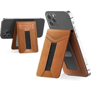 Padike for Magsafe Wallet, Magnetic Phone Wallet with Elastic Band for Extra Card Storage, Magnetic Card Holder with Adjustable Kickstand (Brown)