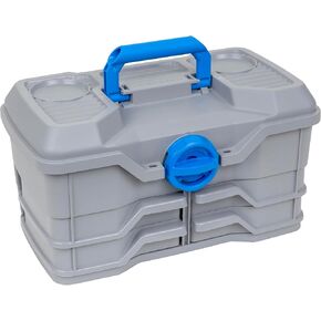 Flambeau Outdoors NextGen 4/0 Medium Tackle Box, 4 Pivot Trays, 23 Compartments, Includes 25-Piece Starter Tackle Kit, Light Gray