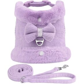 Beirui Cute Small Dog Harness and Leash Set with Bow Tie, Warm Soft Padded Puppy Harness with Removable Fur Collar, Adjustable Girl Dog Harness with Quick Release Buckles for Walking(Purple,XS)