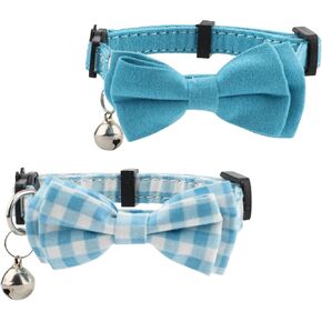 2pcs Boy Cat Collar with Bell Bow Tie, Cat Collars Adjustable Kitten Puppy Collar Cute Bowtie Dog Collar Safety Collar Plaid Pet Collars for Boy Girl Cat Puppy Pet (Blue)