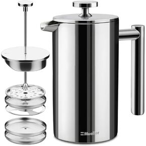 Mueller French Press Double Insulated 304 Stainless Steel Coffee Maker 4 Level Filtration System, No Coffee Grounds, Rust-Free, Dishwasher Safe