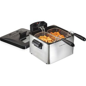 Hamilton Beach Deep Fryer with 2 Frying Baskets, 19 Cups / 4.5 Liters Oil Capacity, Lid with View Window, Professional Style, Electric, 1800 Watts, Stainless Steel (35036)