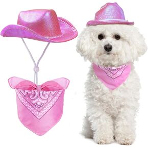 Pet Cowboy Costume Set Neon Sparkly Glitter Space Dog Cat Cowboy Hat Cap Bandana Scarf for Puppy Kitten Halloween Western Cosplay Party (Pink, Small)