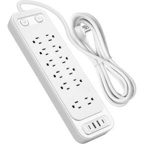 شريط طاقة واقي من زيادة التيار مع منافذ USB، سلك تمديد بطول 6 أقدام مع منافذ متعددة، قابس مسطح، 12 منفذًا، 4 USB (2 USB-C)، موسع منافذ متعددة للمنزل والمكتب (أبيض)