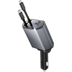 Retractable Car Charger, 4 in 1 Fast Car Phone Charger Adapter 66W Retractable Cables (2.6ft) 2 USB Ports Car Charger Compatible with iPhone 15/14/13/12/11 Pro max, Galaxy, Google Pixel