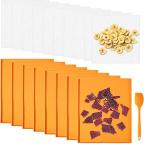 Varku 18 Pcs Silicone Dehydrator Sheets, Including 8 Pcs Dehydrator Mats with Edges & 10 Pcs Mesh Sheets, Nonstick Dehydrator Accessories with Silicone Scraper, Reusable Fruit Dryer Liners