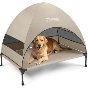Veehoo Outdoor Dog Bed with Canopy, Cooling Elevated Dog Bed with Removable Shade, Non-Slip Feet, Raised Dog Cot Bed for Large Dogs, Dog Tent Bed for Camping, Beach, XLarge, Beige Coffee CWC2411