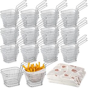 40 Pcs Mini Square Fry Basket with 400 Pcs Wax Paper Sheets French Fries Deli Paper Steel French Fry Holder Sandwich Wrapping Paper Food Basket Liners Fry Baskets with Handle for Serving