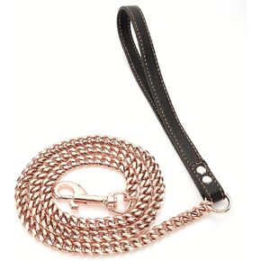 Rose Gold Chain Leash for Dogs, Stainless Steel 11mm /15mm Metal Curb Cuban Link Leash for Dog Walking Training, 3FT 4FT 5FT with Genuine Leather Handle, for Small Medium Large Dogs(11MM, 3FT)