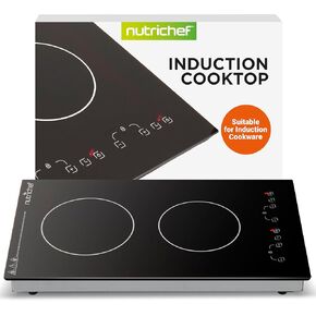 NutriChef Dual Induction Cooktop - 2 Glass Countertop Burner Zones, Adjustable Temperature Settings, 1800W Electric Cooker, Digital Touch Sensors, Portable Induction Hot Plate