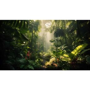 Tropical Jungle Aquarium Background Foggy Trees Sunlight Terrarium Background Lush Green Leaves Rugged Terrain Moss Reptile Habitat Background Fish Tank Decor Vinyl 36x20in