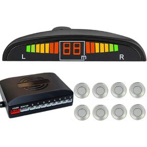 Silver Front and Rear 8 Sensors Car Reverse Parking Rader Kit LED Buzzer Alarm Front Rear Reverse Parking Rader Kit LED Buzzer Alarm