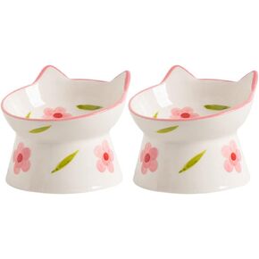 2pcs Ceramic Cat Bowl Flower Printed Vomiting Raised Cat Food Bowls Tilted Elevated Pet Stand Food Dish for Flat Faced Cats Small Dogs