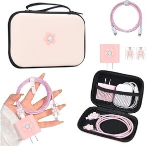 CameCosy DIY Phone Charger Case Storage Sets Cable Protector Earphone Wire Saver with Lovely Travel Storage Bag, Cute Cable Charger Protector Cord Organizer for iPhone (Pink Flower)