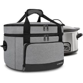 2 Layer Slow Cooker Carrier, Compatible with 6, 7, 8 Quart Crock-Pot, Insulated Large Slow Cooker Travel Bag with Bottom Pad Lid Fasten Straps, for Party, Family Gathering Potluck, Gift for Women