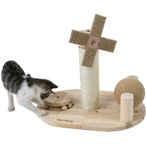 Cat Scratching Post Cat Scratcher Kitten Toys for Indoor Cats Wooden Ball Track Windmill Shaped Sisal 14.5" Tall Scratch Post Rolling Sisal Cat Scratching Ball