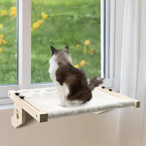 21.7'' Cat Window Perch Bed, TUSATIY Sturdy & Durable Window Hammock for Cats with Ledges, Wooden Cat Window Perch for Indoor Cats Easy to Assemble for Windowsill, Bedside and More (White Plush)