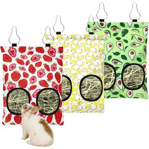 3 Pcs Rabbit Hay Feeder Bag, 2-Hole Hanging Hay Feeder Guinea Pig Hay Bags Washable Bunny Hay Bag for Rabbits Chinchillas Hamsters Small Pets and Animal (11.8"×8.7")