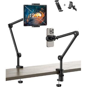 Tablet Stand Holder for Desk with 2 Clamps Flexible Tablet Phone Kindle Stand iPad Stand Universal Overhead Tablet Phone Mount fits iPad Pro Mini/Air, iPhone 15 Pro Other 3.5"-12.9" Device
