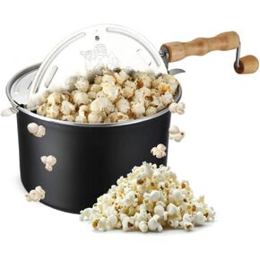 Stovetop Popcorn Maker – 6.5-Quart Popper Pan with Wooden Crank Handle and Internal Kernel Stirrer by Great Northern Popcorn (Black)