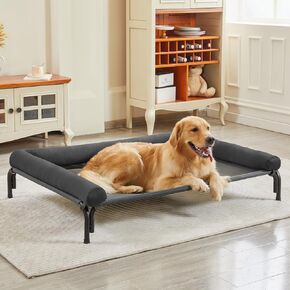 Cooling Elevated Dog Bed for Large Dogs - Quick Install, Raised Dog Cot with Bolster, Durable Breathable Teslin Mesh, Washable Dog Sofa Bed Suitable for Indoors and Outdoors - Deep Gray
