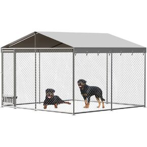 Outdoor Dog Kennel, 10x10FT Large Dog Kennel with Feeding Device, Metal Ties, Waterproof Cover, Rainproof Roof, Large Metal Dog House for Outdoor Garden Yard as Show One Size