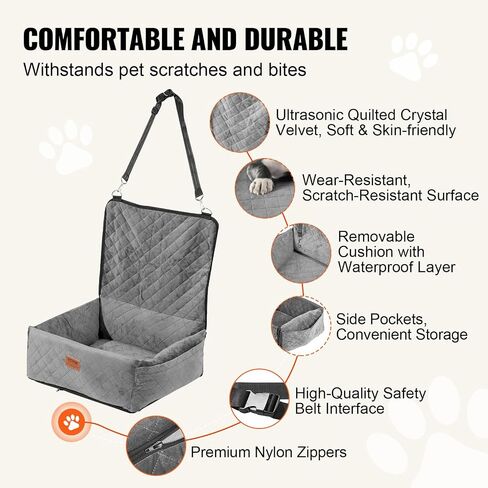 VEVOR Dog Car Seat, Dog Booster Seat for Car with A Storage Pocket, Clip-On Safety Leash, Sponge and PP Cotton Filling, Dog Car Bed for Small & Medium Dog up to 40lbs, Gray in Kuwait