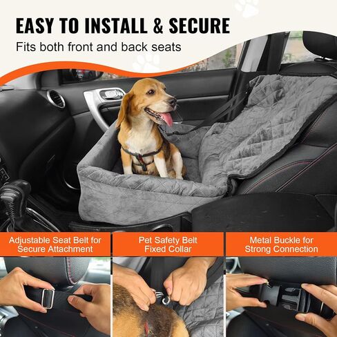 VEVOR Dog Car Seat, Dog Booster Seat for Car with A Storage Pocket, Clip-On Safety Leash, Sponge and PP Cotton Filling, Dog Car Bed for Small & Medium Dog up to 40lbs, Gray in Kuwait