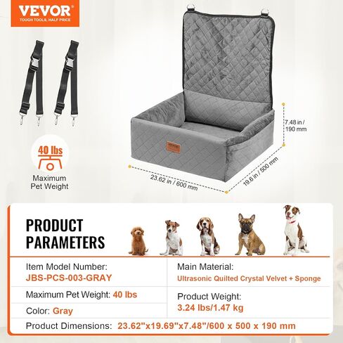 VEVOR Dog Car Seat, Dog Booster Seat for Car with A Storage Pocket, Clip-On Safety Leash, Sponge and PP Cotton Filling, Dog Car Bed for Small & Medium Dog up to 40lbs, Gray in Kuwait