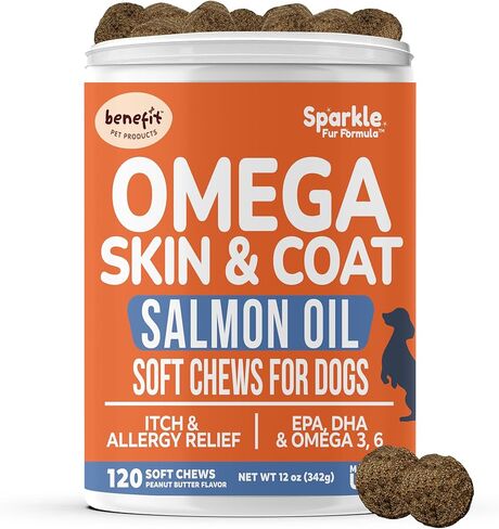 Omega 3 for Dogs - Skin & Coat Soft Chews for Dogs - Salmon Oil, EPA & DHA Fatty Acids - Itch Relief, Hot Spots, Shedding, Allergies & Hot Spot Relief - 120 Soft Chews, Made in USA in Kuwait
