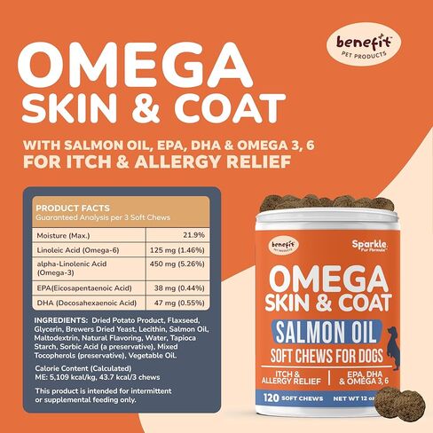 Omega 3 for Dogs - Skin & Coat Soft Chews for Dogs - Salmon Oil, EPA & DHA Fatty Acids - Itch Relief, Hot Spots, Shedding, Allergies & Hot Spot Relief - 120 Soft Chews, Made in USA in Kuwait