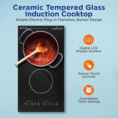 موقد نوتري شيف مزدوج الحث - شعلة مزدوجة، شاشة رقمية، زجاج سيراميك، 9 مستويات طاقة، مؤقت 99 دقيقة، قفل أمان، إيقاف تلقائي، تسخين عالي الطاقة، مدمج، 1800 وات، 20 × 11 × 3 بوصة in Kuwait