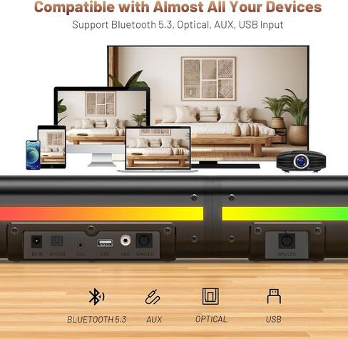 Wohome 2.1 Sound Bar for Smart TV with 5 Inches Subwoofer, 2 in 1 Detachable Soundbar with LED Colorful Backlight, Bluetooth 5.3, Optical, AUX, USB Input, Bass Adjustable, Remote/Button Control in Saudi Arabia