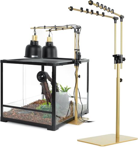 Metal Dual Reptile Lamp Stand, 17.8"-36.2" Adjustable Tall Heat Lamp Stand, Retractable Reptile Light Stand, Aquarium Terrarium Light Holder for Bearded Dragon Turtles Snake Chicks-Glod in Saudi Arabia